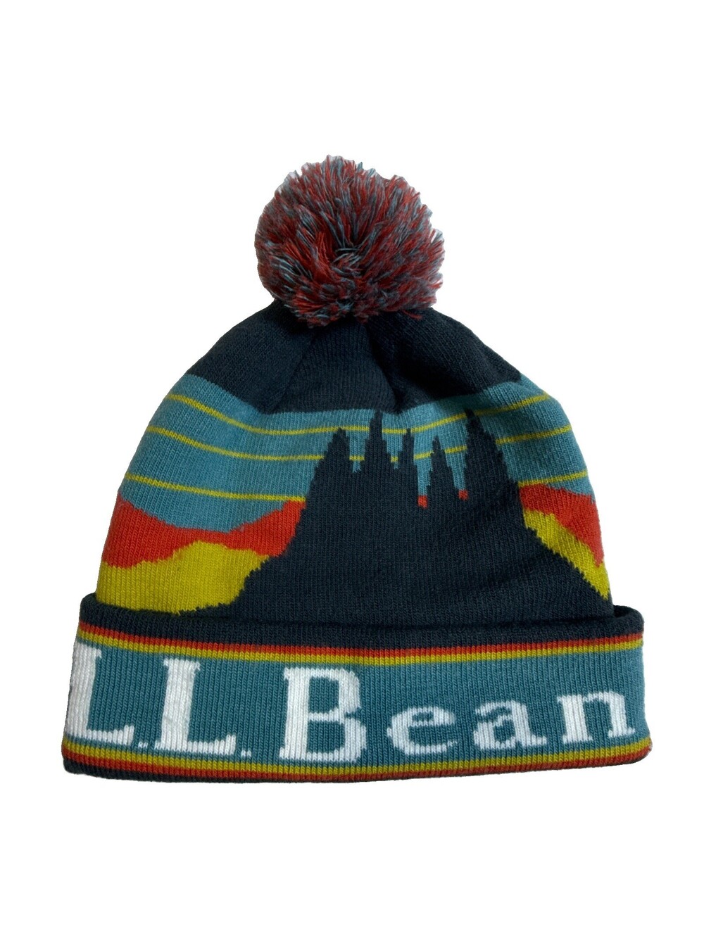 L.L. Bean ~ Grey Mountains Theme ~ Tassel Beanie Hat ~ One Size